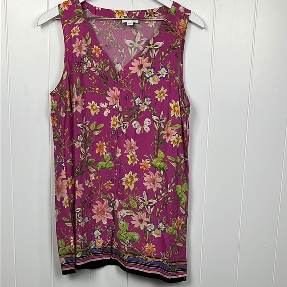 J. Jill Womens Tunic M Purple Pink Floral Print Contrast Border Pullover Rayon - Picture 1 of 13